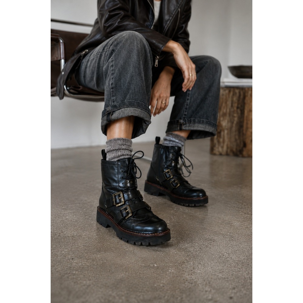 Scotch & Soda Maison Olivine Leather Moto Combat Boots Army Green Lug Sole 7